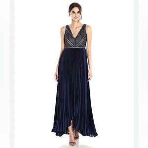 Adrianna Papell Eyelet Lace Pleated High/Low Evening Gown, Midnight Navy, Size 6